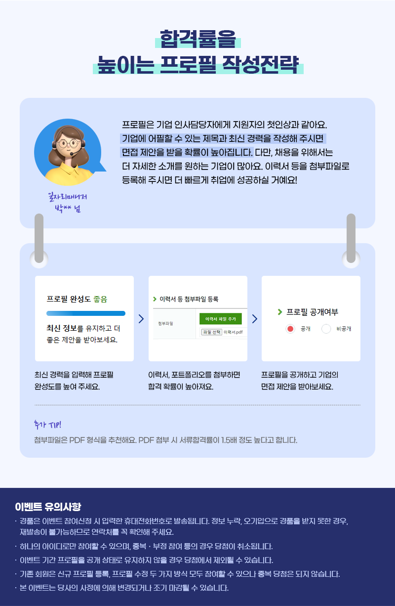 합격률을 높이는 프로필 작성전략 - 프로필은 기업인사담당자에게 지원자의 첫인상과 같아요. 기업에 어필할 수 있는 제목과 최신 경력을 작성해 주시면 면접 제안을 받을 확률이 높아집니다. 다만, 채용을 위해서는 더 자세한 원하는 기업이 많아요. 이력서 등을 첨부파일로 등록해 주시면 더 빠르게 취업에 성공하실 거예요! 1. 최신 경력을 입력해 프로필 완성도를 높여 주세요. 2. 이력서, 포트폴리오를 첨부하면 합격 확률이 높아져요. 3. 프로필을 공개하고 기업의 면접 제안을 받아보세요. 추가 TIP! 첨부파일은 PDF 형식을 추천해요. PDF 첨부 시 서류합격률이 1.5배 정도 높다고 합니다. | 이벤트 유의사항 - 경품은 이벤트 참여신청 시 입력한 휴대전화번호로 발송됩니다. 정보 누락, 오기입으로 경품을 받지 못한 경우, 재발송이 불가능하므로 연락처를 꼭 확인해 주세요. - 하나의 아이디로만 참여할 수 있으며, 중복∙부정 참여 등의 경우 당첨이 취소됩니다. - 이벤트 기간 프로필을 공개 상태로 유지하지 않을 경우 당첨에서 제외될 수 있습니다. - 기존 회원은 신규 프로필 등록, 프로필 수정 두 가지 방식 모두 참여할 수 있으나 중복 당첨은 되지 않습니다. - 본 이벤트는 당사의 사정에 의해 변경되거나 조기 마감될 수 있습니다.