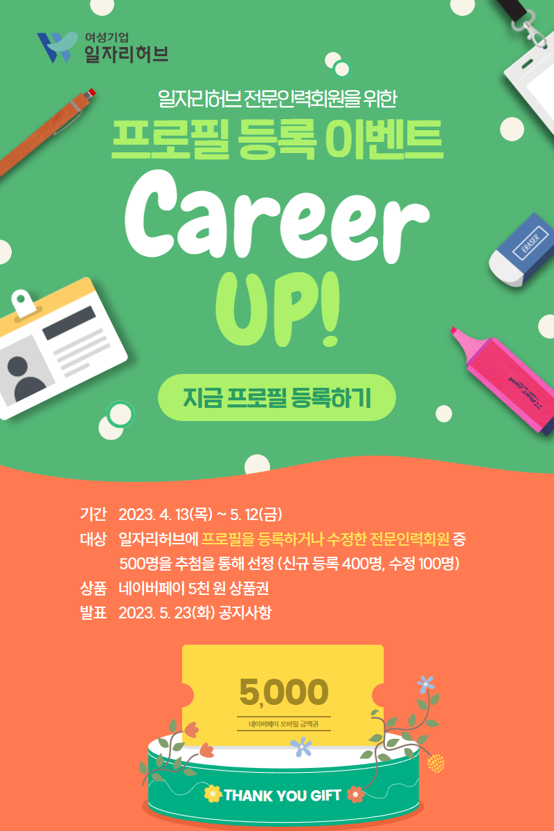 일자리허브 전문인력회원을 위한 프로필 등록 이벤트 Career UP! | 지금 프로필 등록하기 | 기간 2023. 4. 13(목) ~ 5. 12(금) | 대상 일자리허브에 프로필을 등록하거나 수정한 전문인력회원 중 500명을 추첨을 통해 선정 (신규 등록 400명, 수정 100명) | 상품 네이버페이 5천 원 상품권 | 발표 2023. 5. 23(화) 공지사항